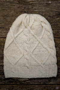 Diamond Cable Slouch Hat - Handspun Wool - Off-White