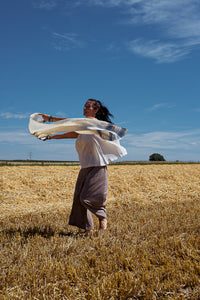 Handwoven  Organic Cotton Shawl - Seed to Weave - Natural + Indigo