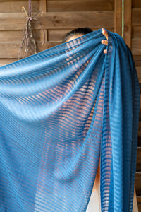 Handwoven Organic Cotton Shawl - Seed to Weave - Natural Indigo Pom Pom