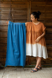 Handwoven Organic Cotton Shawl - Seed to Weave - Natural Indigo Pom Pom