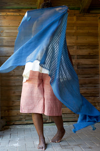 Handwoven Organic Cotton Shawl - Seed to Weave - Natural Indigo Pom Pom