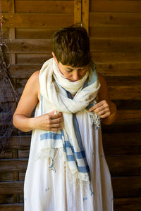 Organic Cotton Lightweight Muslin Shawl - Seed to Weave - Natural Indigo Stripe