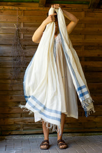 Organic Cotton Lightweight Muslin Shawl - Seed to Weave - Natural Indigo Stripe
