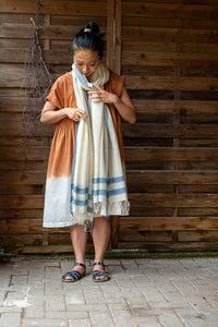 Organic Cotton Lightweight Muslin Shawl - Seed to Weave - Natural Indigo Stripe