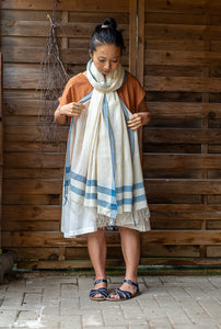 Organic Cotton Lightweight Muslin Shawl - Seed to Weave - Natural Indigo Stripe