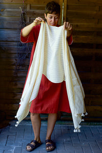 Handwoven Organic Cotton Shawl - Seed to Weave - Undyed - Pom Pom