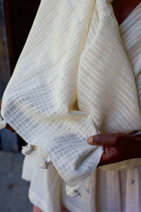 Handwoven Organic Cotton Shawl - Seed to Weave - Undyed - Pom Pom