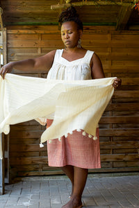Handwoven Organic Cotton Shawl - Seed to Weave - Undyed - Pom Pom