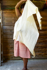 Handwoven Organic Cotton Shawl - Seed to Weave - Undyed - Pom Pom