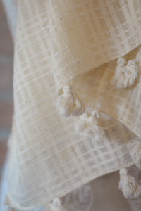 Handwoven Organic Cotton Shawl - Seed to Weave - Undyed - Pom Pom